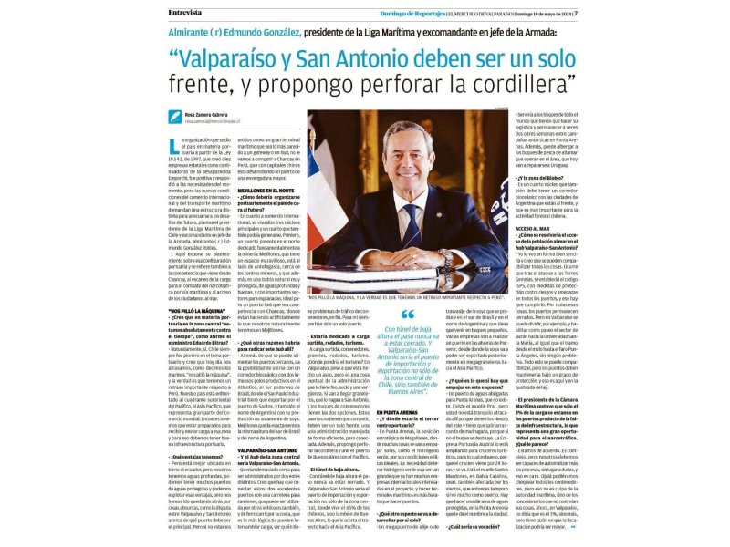 Entrevista al presidente de Liga Marítima de Chile en El Mercurio de Valparaíso