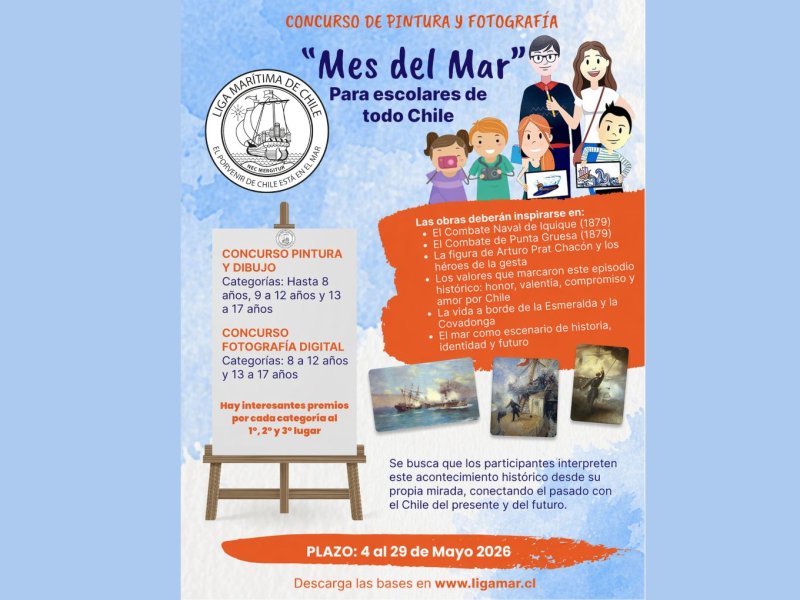 LIGAMAR lanza Concurso de Pintura y Fotografía “Mes del Mar” con alcance nacional y foco en los 150 años de la gesta de Iquique y Punta Gruesa de 1879